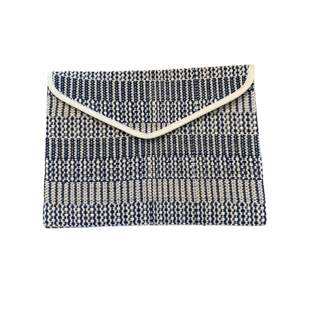 Korissa Woven Clutch, Navy Blue and Cream, Snap Closure, 12"‎ x 8 3/4", NEW